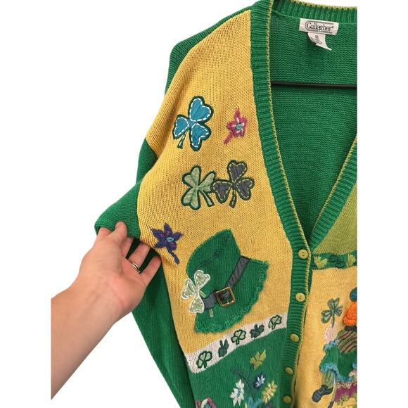 Vintage Gallagher Womens Novelty Cardigan Sweater Green St. Patrick's Day Luck M - Picture 8 of 12